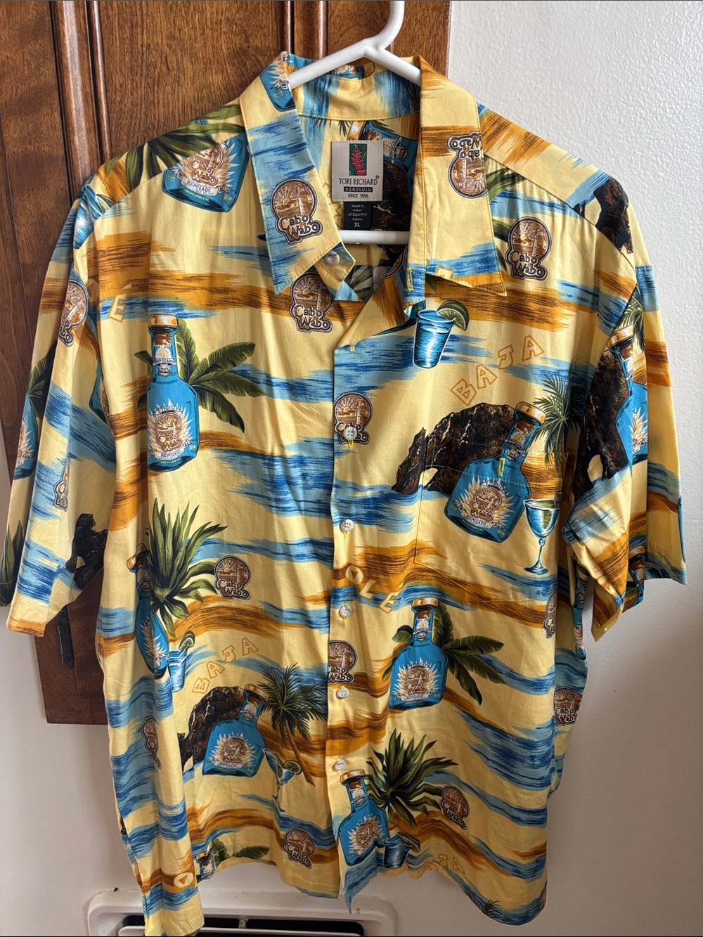 Tori Richard Yellow Tropical Button-Down Shirt with Blue Accents